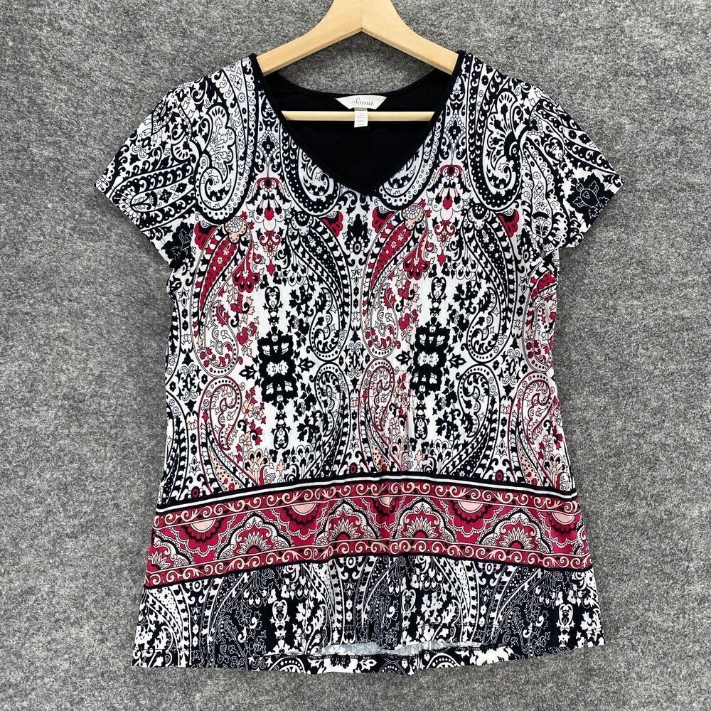 Soma Top Women Black Red Paisley S Small Short Sleeve V Neck Casual T Shirt